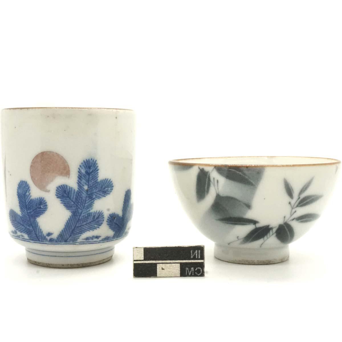 茶杯(yunomi)，深泉模版和转移印花(doban)装饰，瓷器.